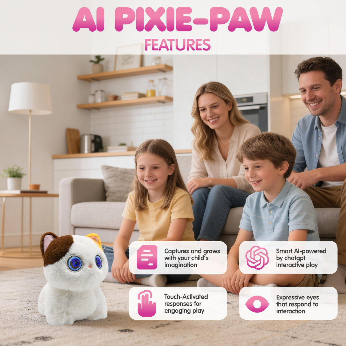 Contixo AI Pixie-Paw Smart Interactive Plush Cat – Voice-Responsive, Touch-Activated, Expressive Eyes, AI Companion Stuffed Animal for Kids & Pet Lovers