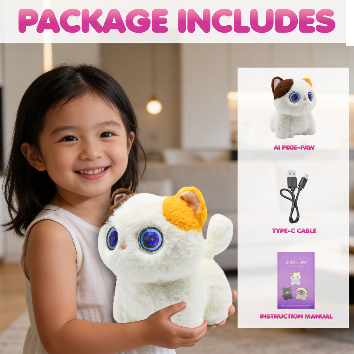 Contixo AI Pixie-Paw Smart Interactive Plush Cat – Voice-Responsive, Touch-Activated, Expressive Eyes, AI Companion Stuffed Animal for Kids & Pet Lovers