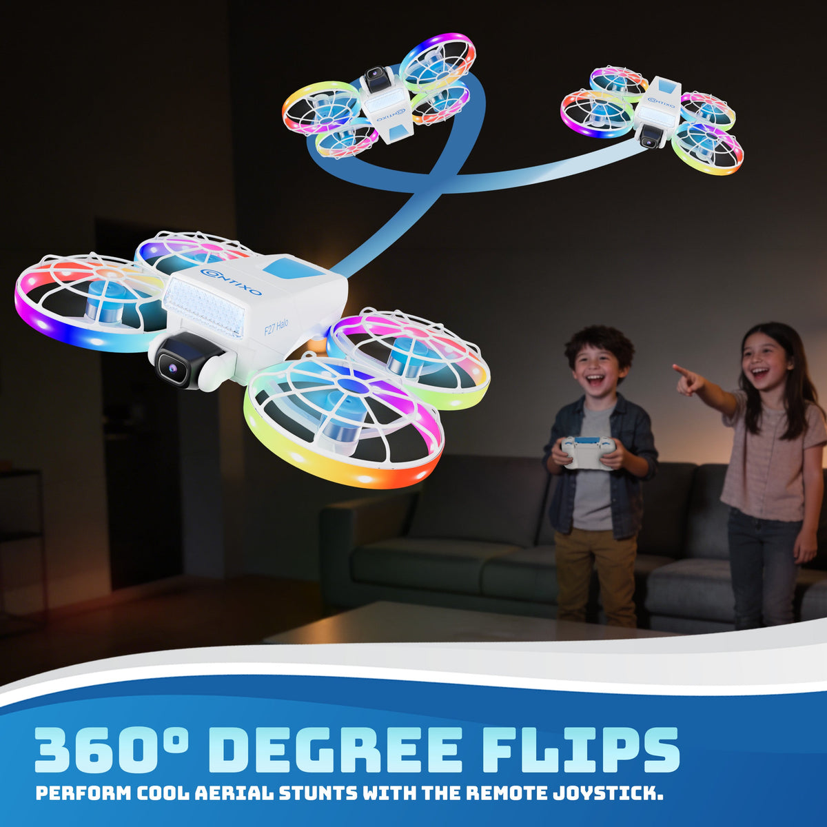 Contixo F27 Halo Mini Foldable Drone With 4.3" Screen Remote, LED Light-Up, HD Dual Camera 720P, Optical Flow Hover, One-Key Takeoff/Landing, 360° Stunts, 350 Ft Range