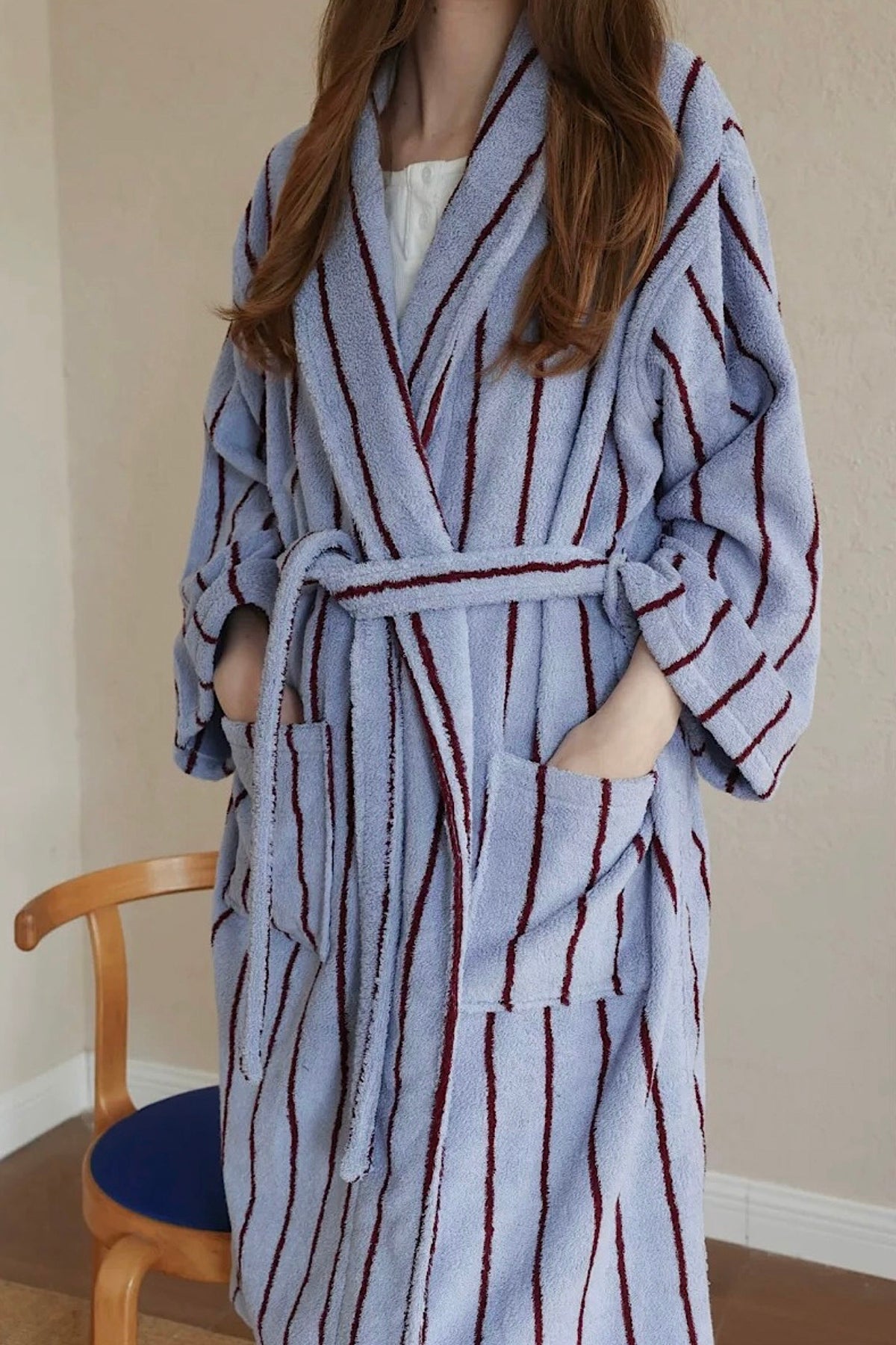 Retro Pastel Stripe Cotton Bath Robe - Plush Soft Absorbent Lounge Robe