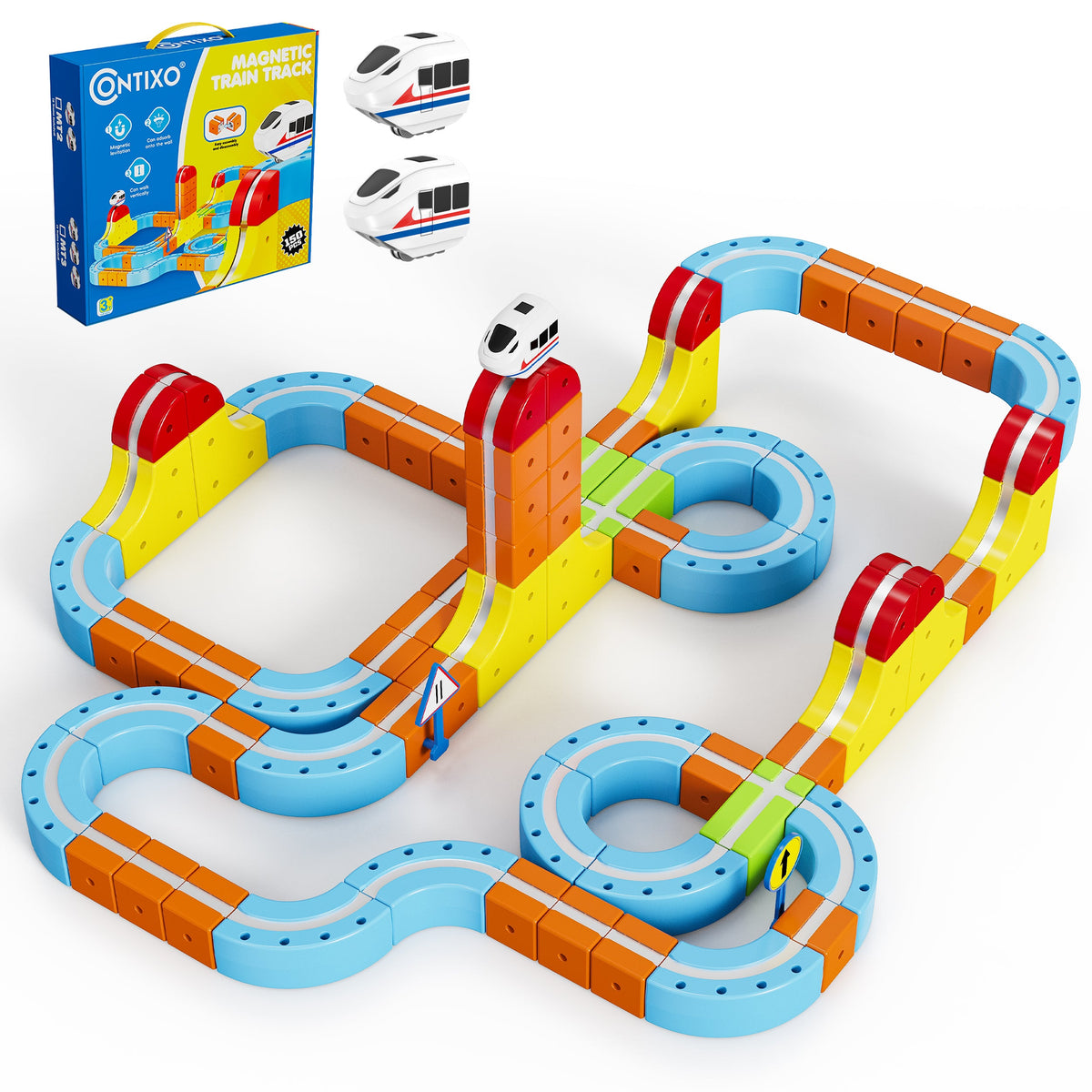 Contixo Magnetic Train Track Set for Kids, 150PCS DIY Electric Train Set With Rechargeable Trains, 3D Building Blocks Railway Toy, STEM Learning Construction Set for Boys & Girls Ages 3+