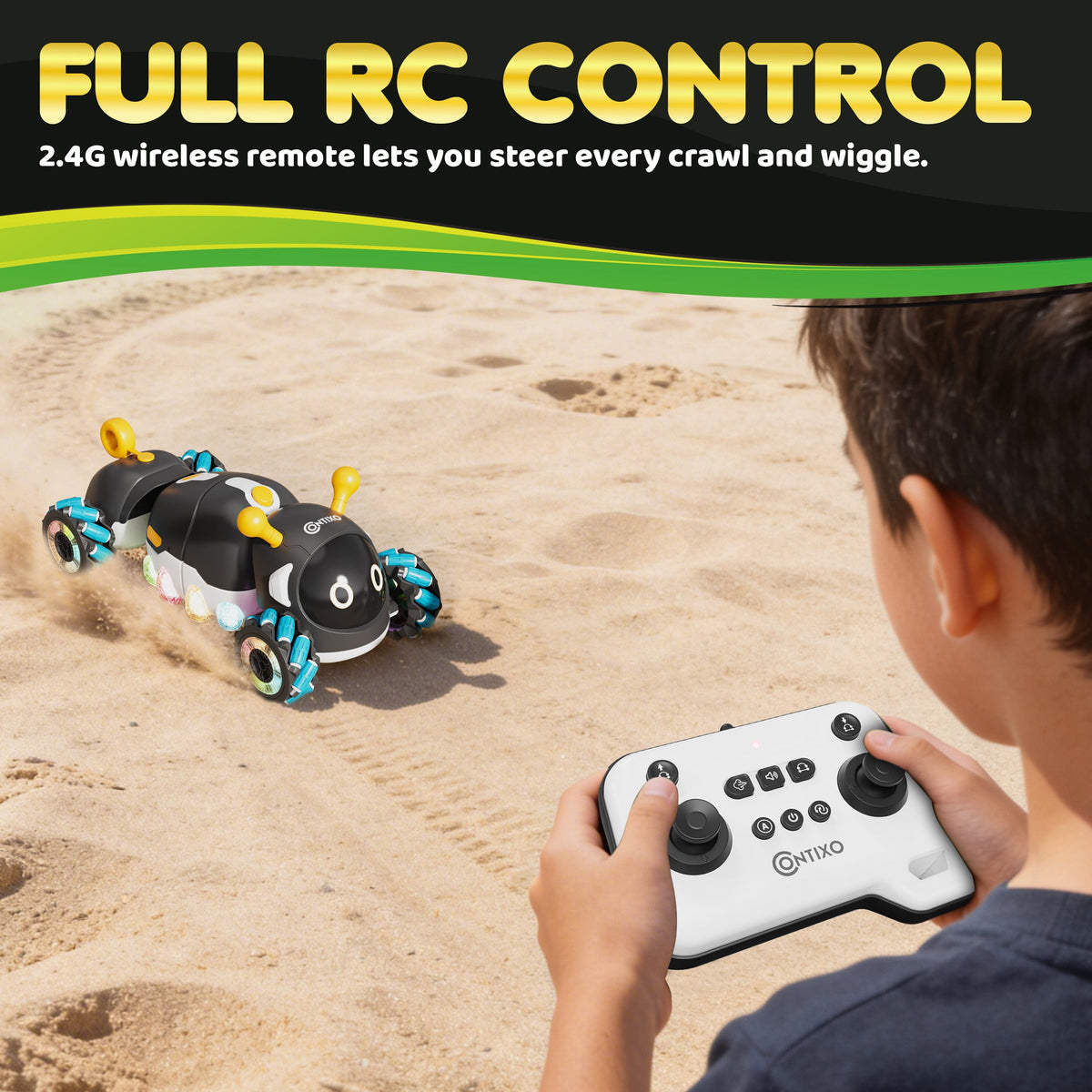 Contixo - RC1 Mech Stunt RC Caterpillar Car With 2.4GHz Remote, 360° Spins, LED, Mist Spray, All-Terrain