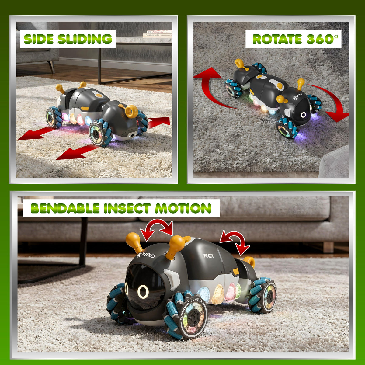 Contixo - RC1 Mech Stunt RC Caterpillar Car With 2.4GHz Remote, 360° Spins, LED, Mist Spray, All-Terrain
