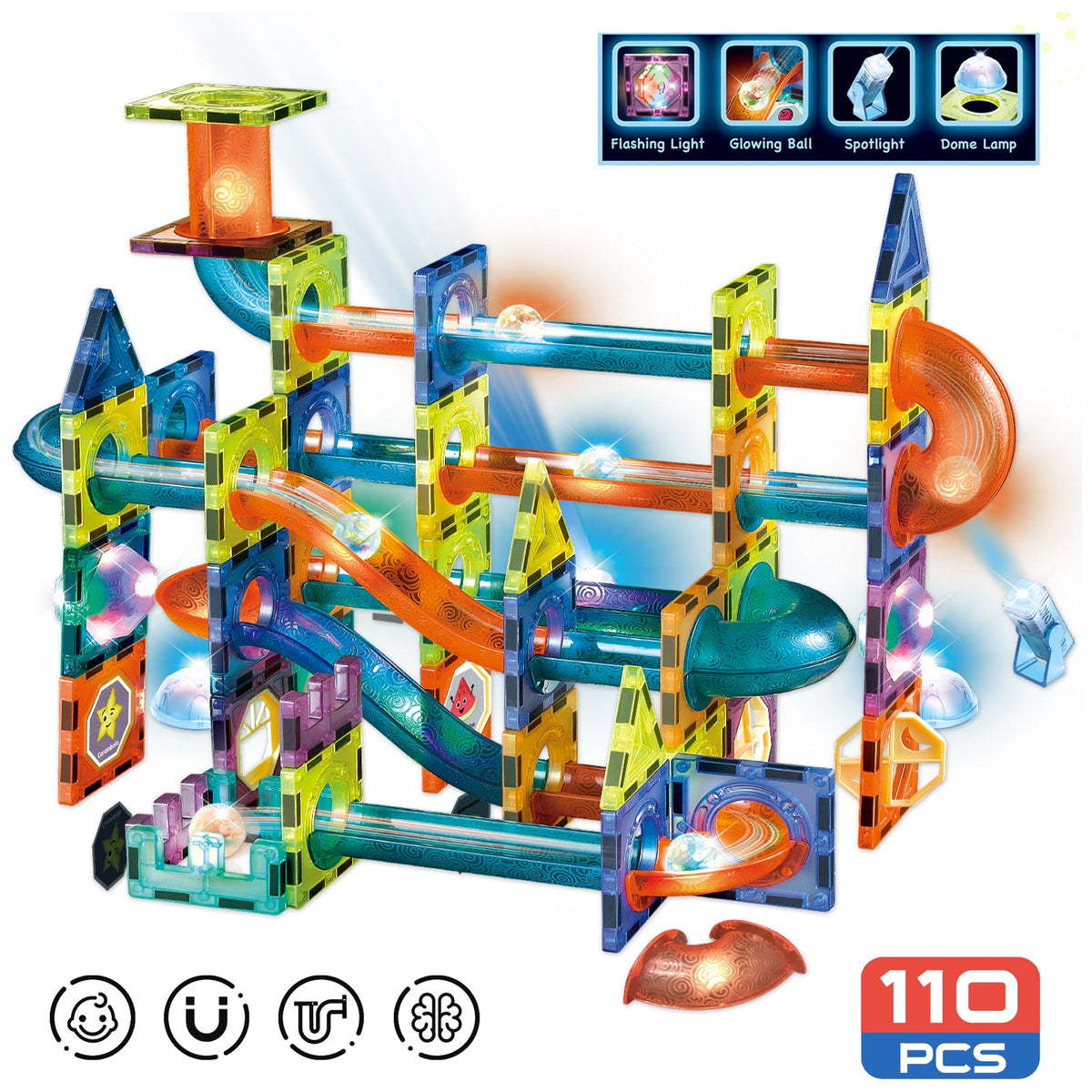 Contixo ST8 Magnetic Light-Up 3D Tiles Building Set - 110 Piece STEM Marble Run Blocks for Kids, Fun Educational Toy for Boys & Girls Ages