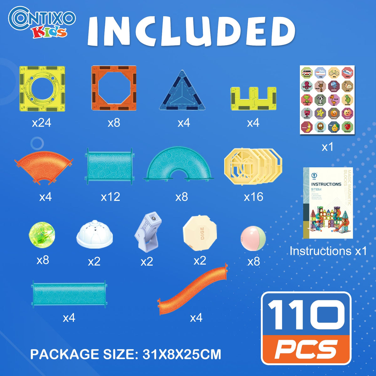 Contixo ST8 Magnetic Light-Up 3D Tiles Building Set - 110 Piece STEM Marble Run Blocks for Kids, Fun Educational Toy for Boys & Girls Ages