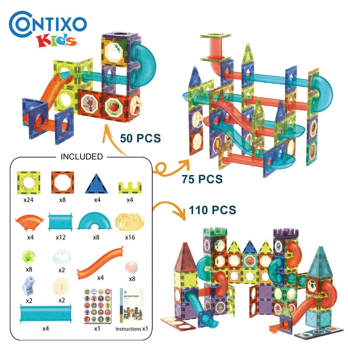 Contixo ST8 Magnetic Light-Up 3D Tiles Building Set - 110 Piece STEM Marble Run Blocks for Kids, Fun Educational Toy for Boys & Girls Ages