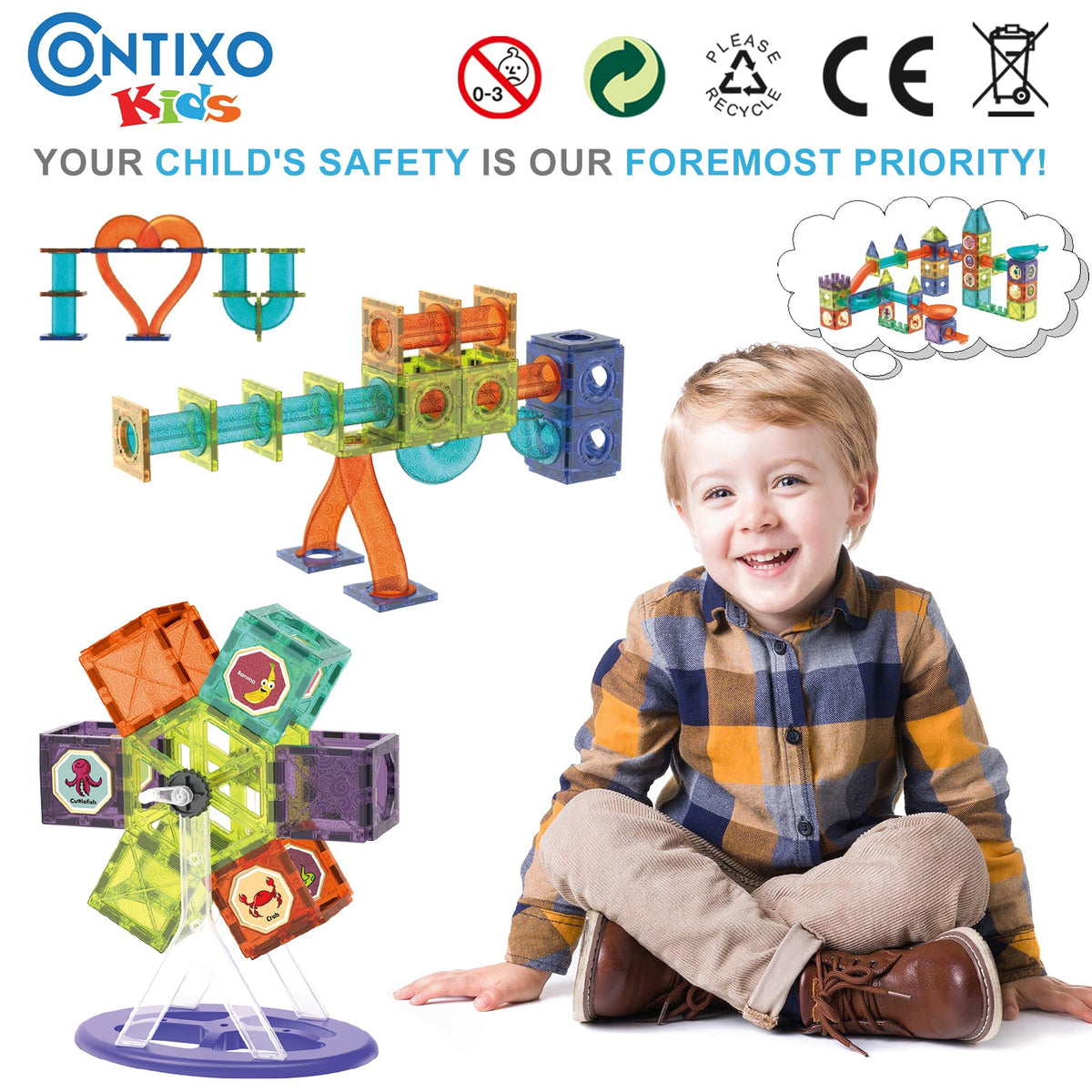 Contixo ST8 Magnetic Light-Up 3D Tiles Building Set - 110 Piece STEM Marble Run Blocks for Kids, Fun Educational Toy for Boys & Girls Ages