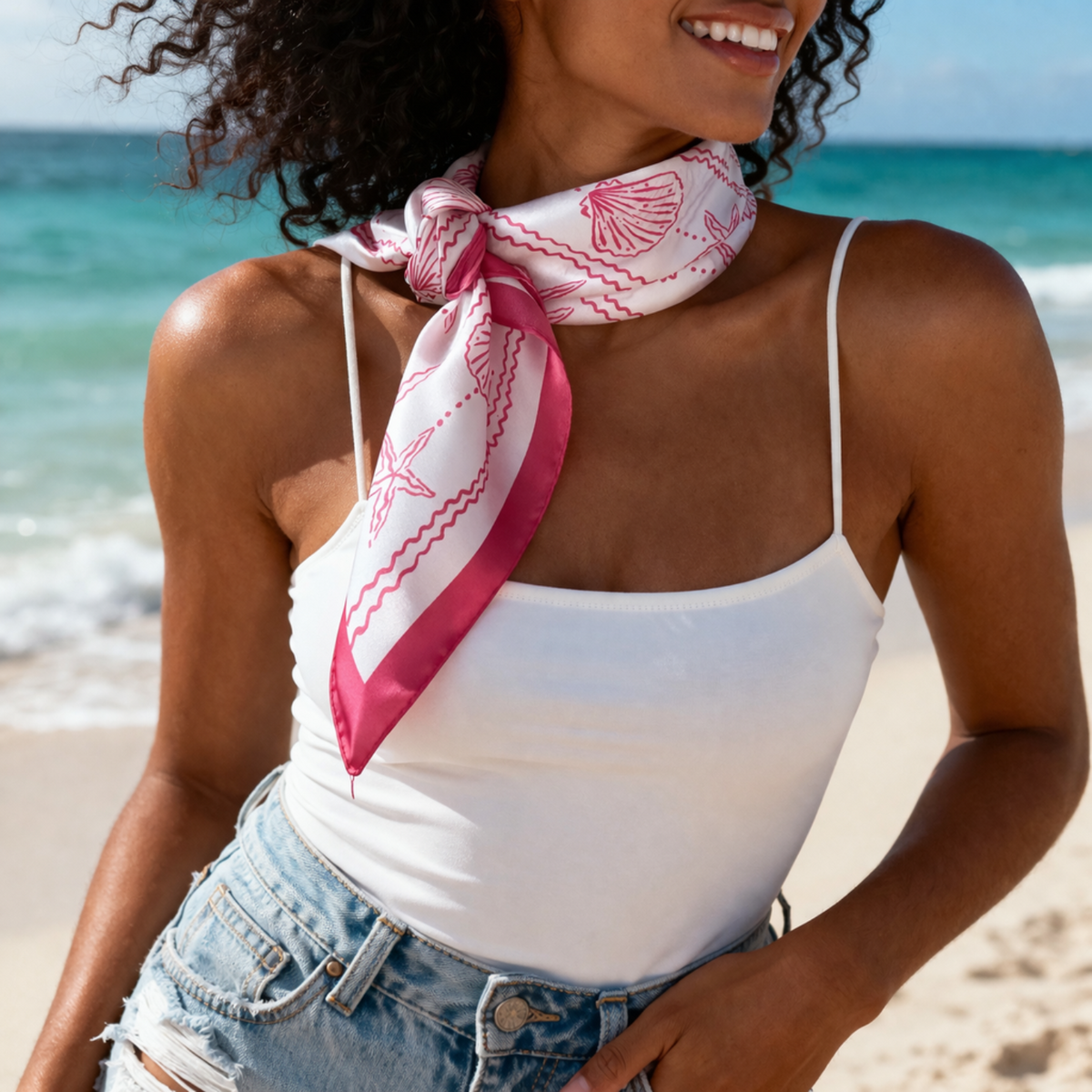 Shoreline Shell Scarf – Vacation Ready Square Design