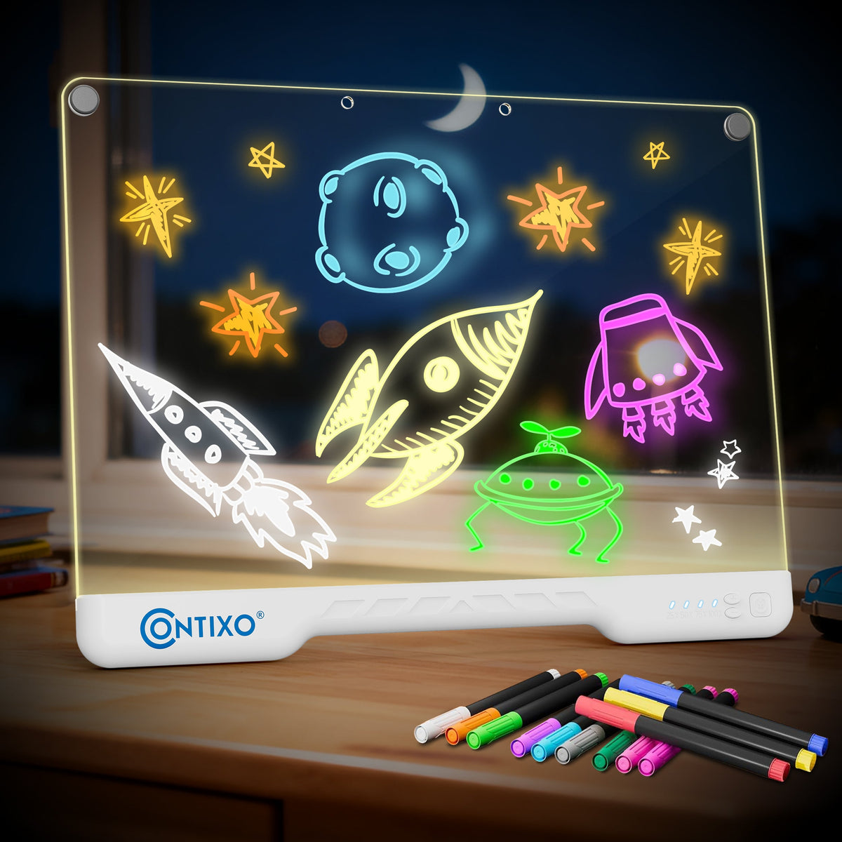 Contixo WB1 16" Led Drawing Board for Kids Rechargeable, Portable Doodle Glow LED Note Board With 10 Light Modes, Neon Art Dry Erase Light Up Drawing Pad With Stand, Ideal Gifts for Kids Boys & Girls