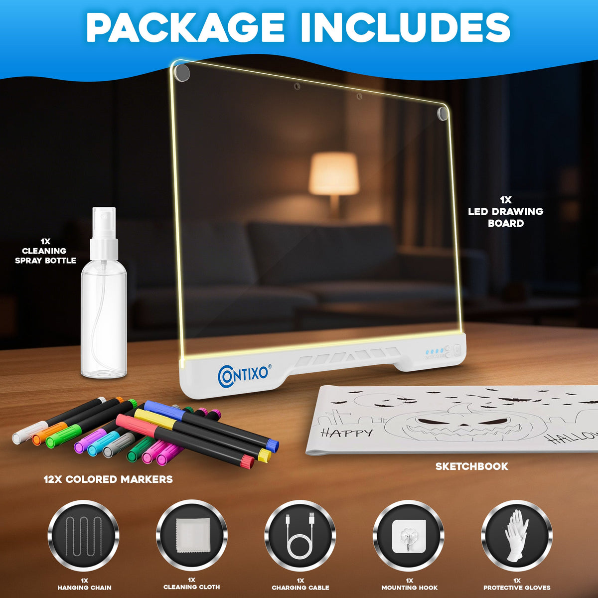 Contixo WB1 16" Led Drawing Board for Kids Rechargeable, Portable Doodle Glow LED Note Board With 10 Light Modes, Neon Art Dry Erase Light Up Drawing Pad With Stand, Ideal Gifts for Kids Boys & Girls