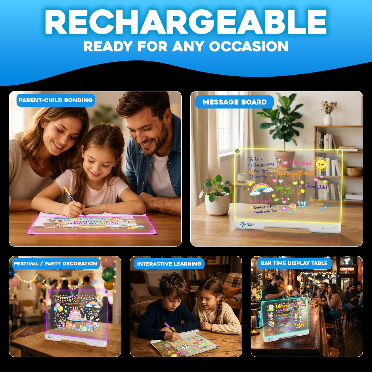 Contixo WB1 16" Led Drawing Board for Kids Rechargeable, Portable Doodle Glow LED Note Board With 10 Light Modes, Neon Art Dry Erase Light Up Drawing Pad With Stand, Ideal Gifts for Kids Boys & Girls