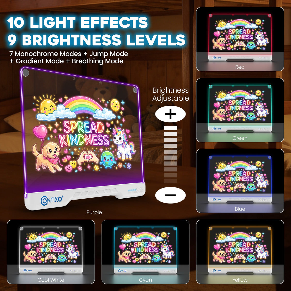 Contixo WB1 16" Led Drawing Board for Kids Rechargeable, Portable Doodle Glow LED Note Board With 10 Light Modes, Neon Art Dry Erase Light Up Drawing Pad With Stand, Ideal Gifts for Kids Boys & Girls