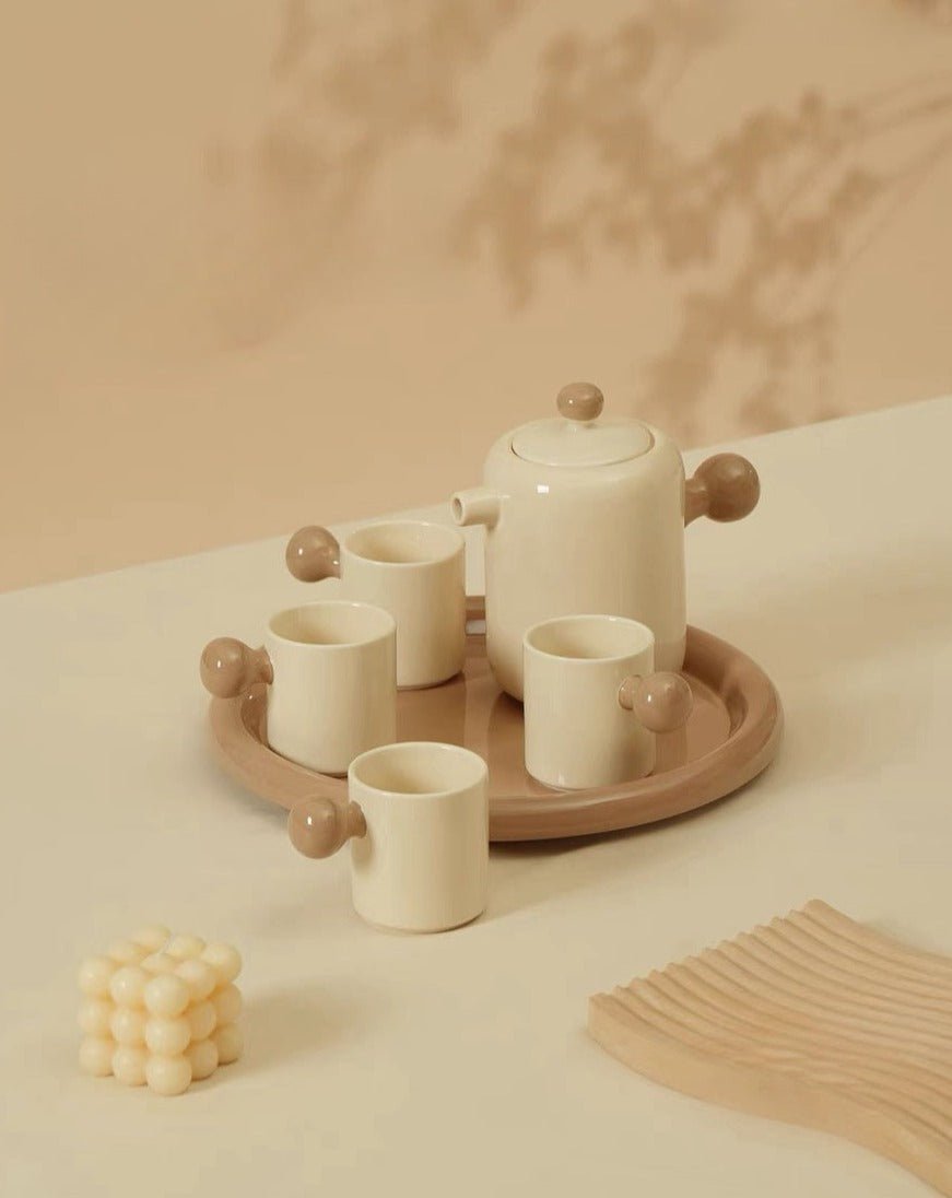 Cute Whimsical Dopamine Bauhaus Tea Pot & Tea Cups Set of 8 Pcs - Handmade Ceramic Teaset Gift Box