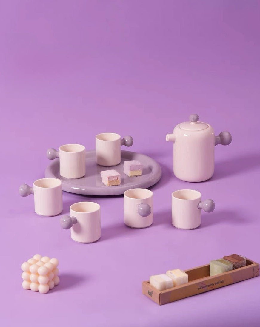 Cute Whimsical Dopamine Bauhaus Tea Pot & Tea Cups Set of 8 Pcs - Handmade Ceramic Teaset Gift Box