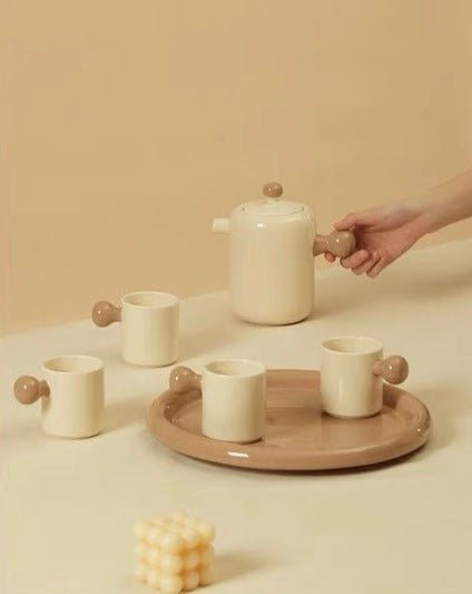 Cute Whimsical Dopamine Bauhaus Tea Pot & Tea Cups Set of 8 Pcs - Handmade Ceramic Teaset Gift Box