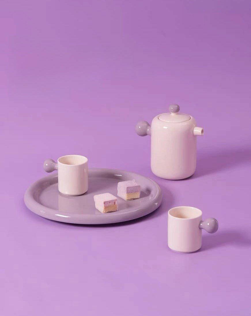 Cute Whimsical Dopamine Bauhaus Tea Pot & Tea Cups Set of 8 Pcs - Handmade Ceramic Teaset Gift Box