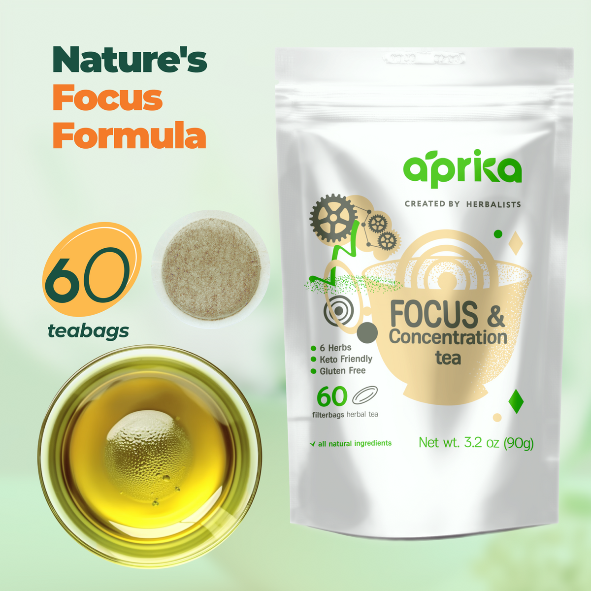 Focus &amp; Concentration Herbal Tea, 60 bags by Aprika Life