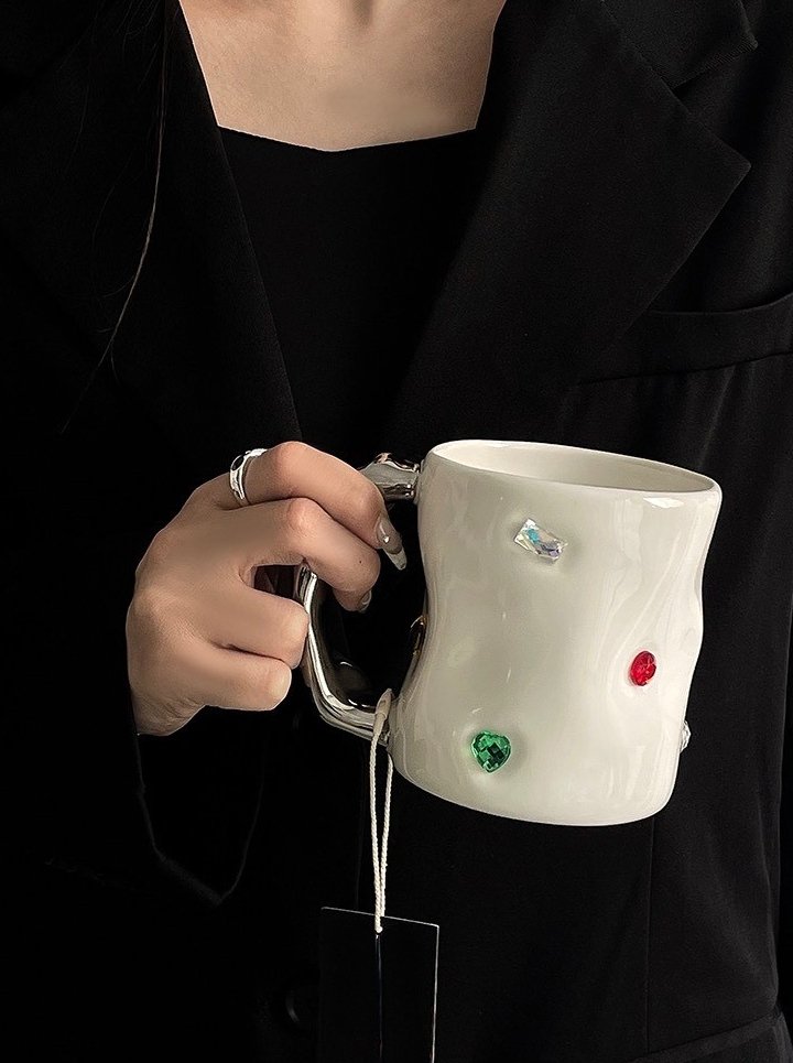 Handmade Ceramic Gemstone Couple Coffee Mugs With Wavy Handle