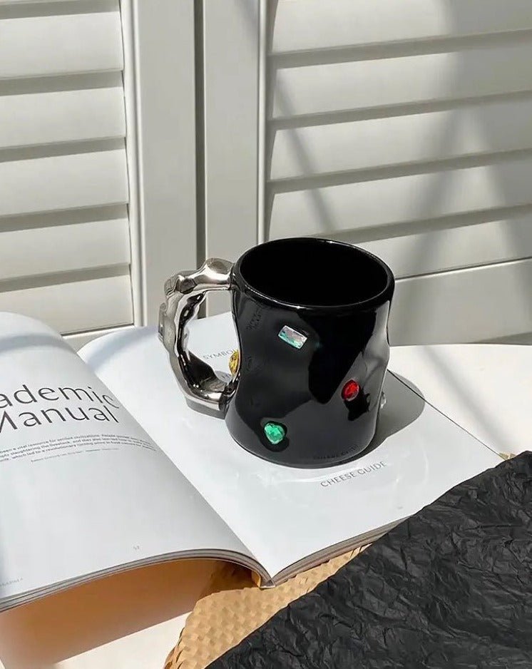 Handmade Ceramic Gemstone Couple Coffee Mugs With Wavy Handle
