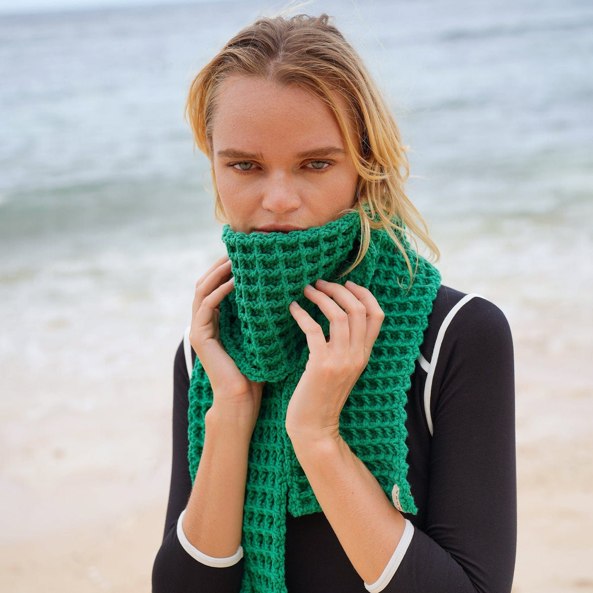 BrunnaCo One size / Kelly Green / 100% Cotton Waffle Crochet Scarf in Green by BrunnaCo