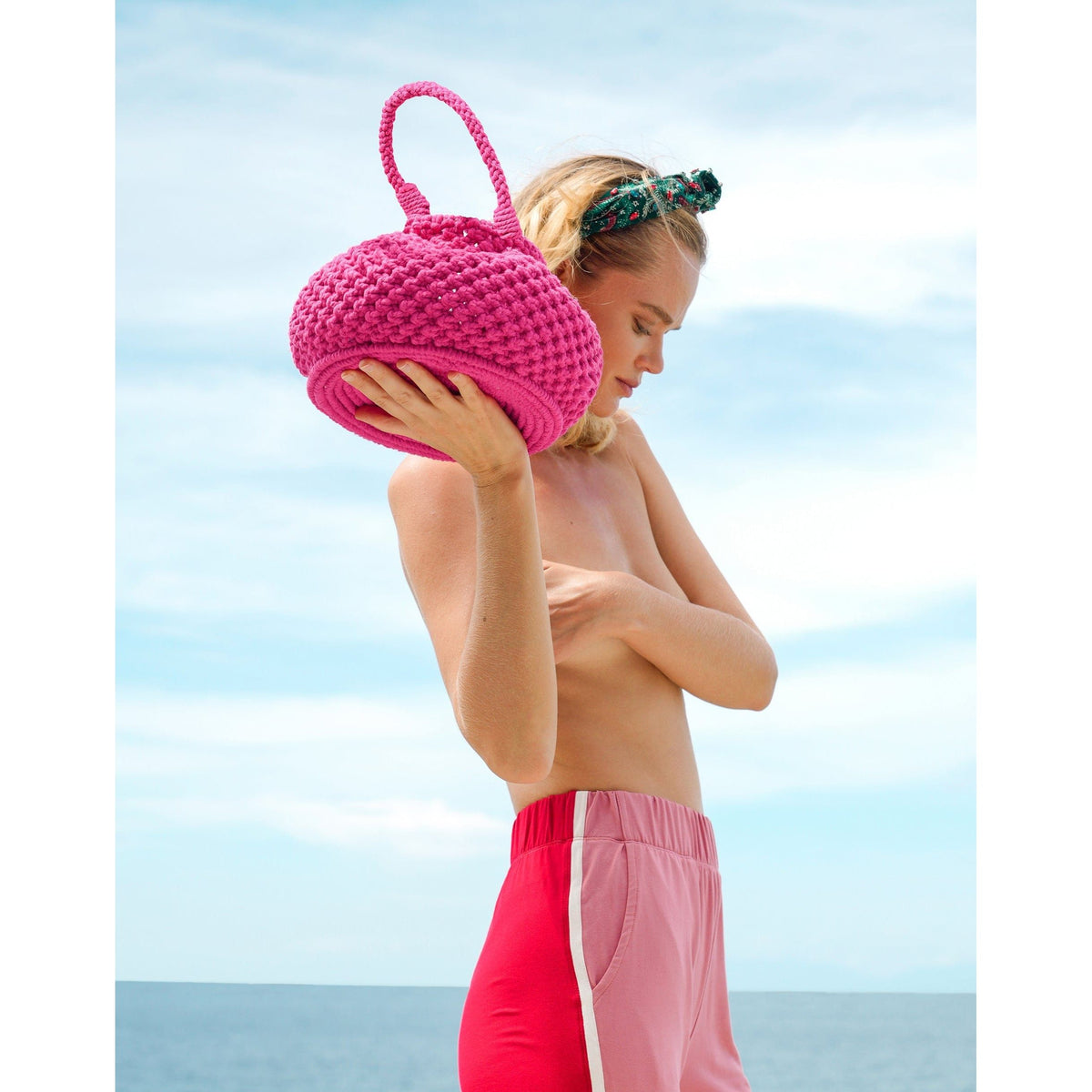 BrunnaCo One size / Hot pink / 100% Cotton Naga Macrame Bucket Bag, in Shocking Pink by BrunnaCo