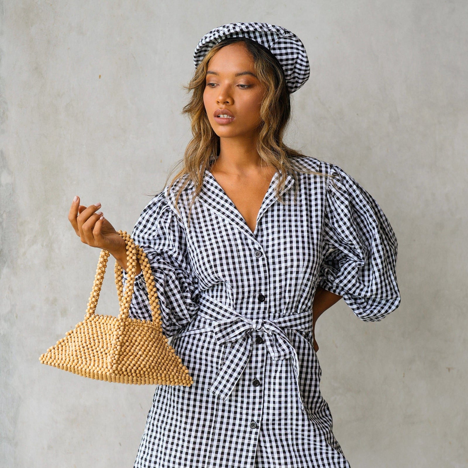 BrunnaCo One size / Beige / Wood Pyramid Beaded Tote Bag in Toasted Beige by BrunnaCo