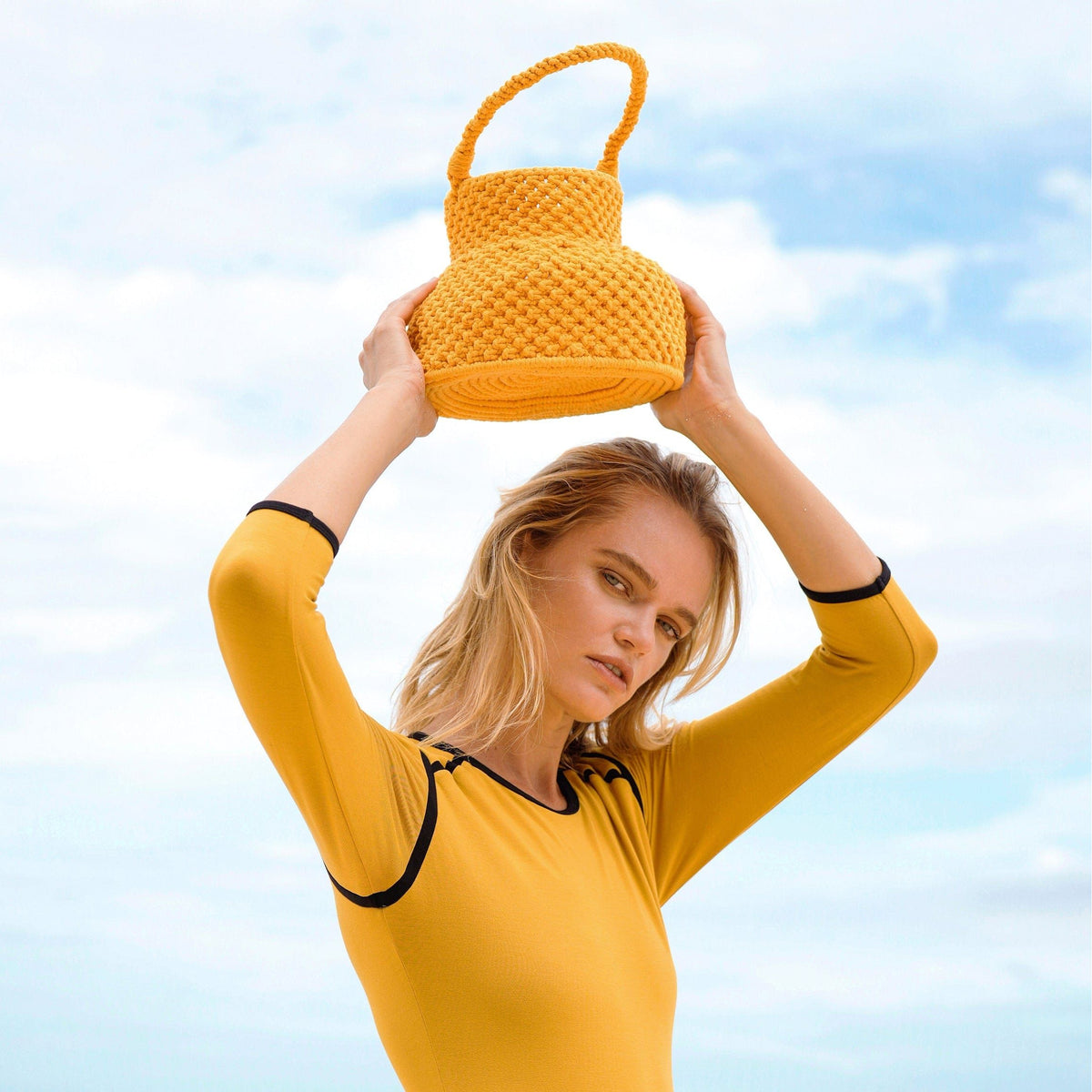 BrunnaCo Yellow / One size / 100% Cotton Petite Naga Macrame Vessel Basket Bag, in Sunshine Yellow by BrunnaCo