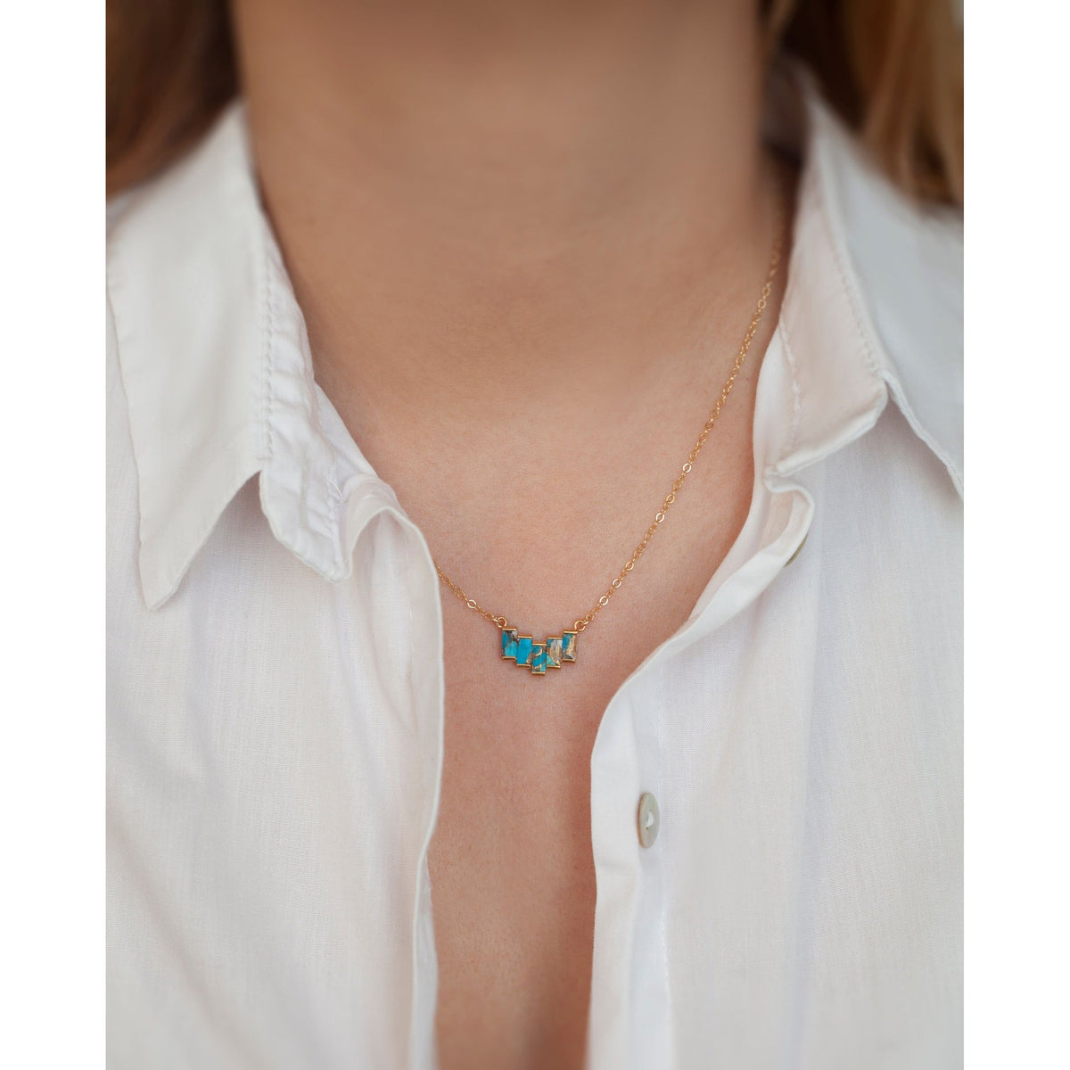 Doris Oyster Turquoise Baguette Necklace by Capucinne Blue